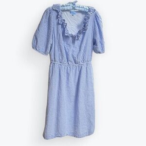 Draper James RSVP Pale Blue Gingham Ruffle Dress Picnic Cottage Milkmaid ~ L